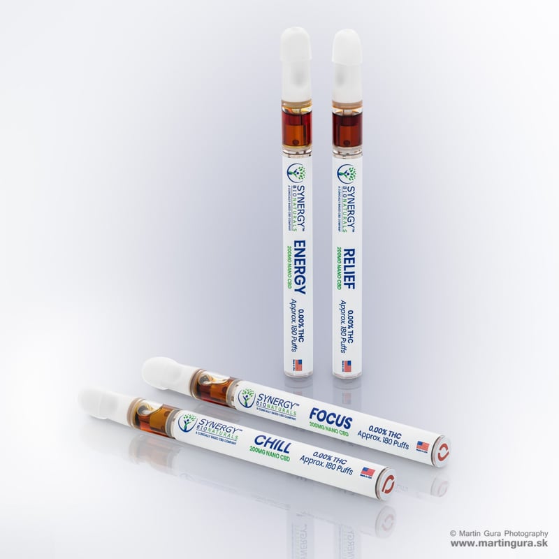 Produktová fotografia CBD vape pier značky Synergy BioNaturals v rade Energy, Relief, Focus a Chill.
