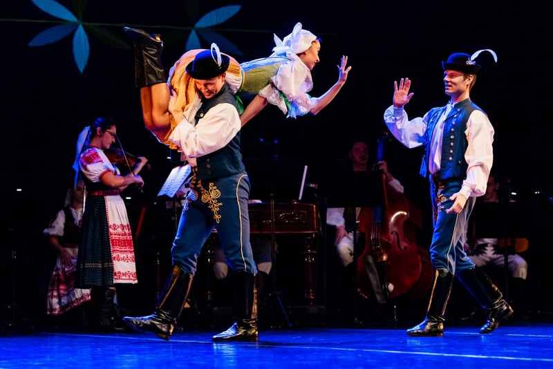 Folklórni tanečníci predvádzajú zdvih, v pozadí huslistka v kroji a orchester s nástrojmi